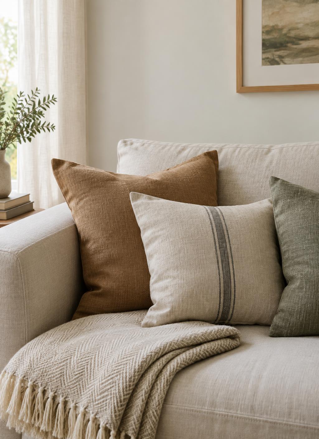 Linen sofa corner with soft cushions and a folded blanket in gentle daylight