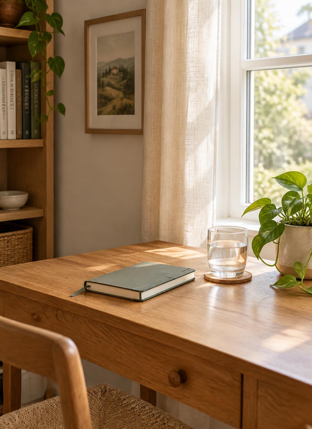 Timber desk with a closed notebook, glass of water and plant beside a bright window