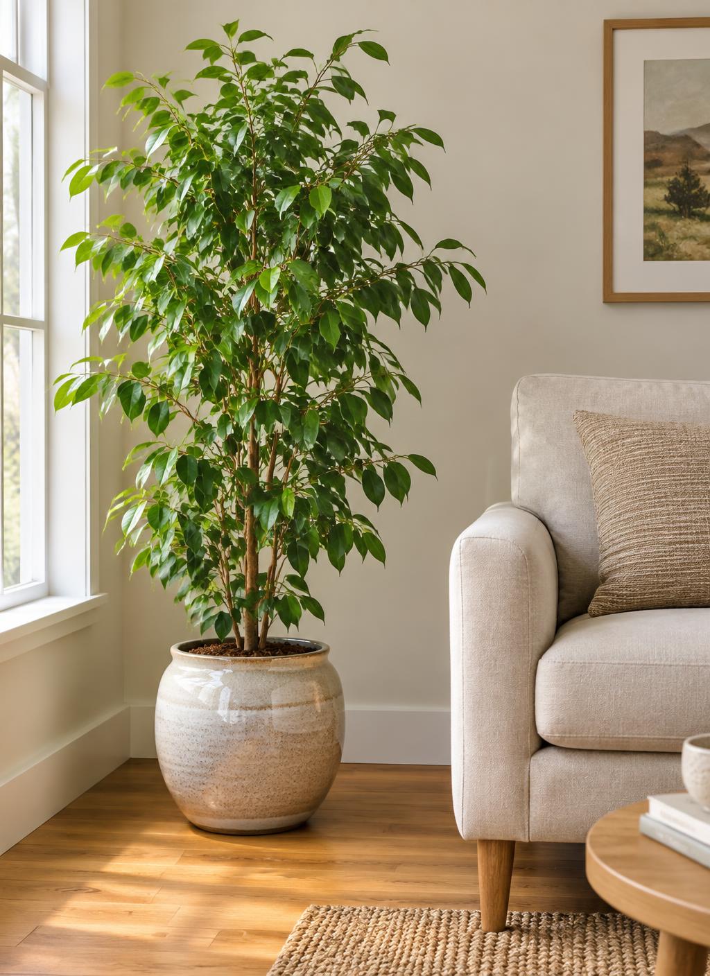 Tall indoor plant beside a linen armchair in a bright, uncluttered counselling room