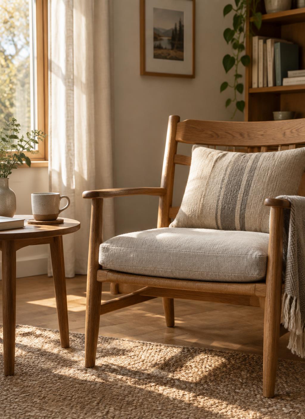 Timber armchair with a soft cushion and a warm mug on a side table in afternoon light