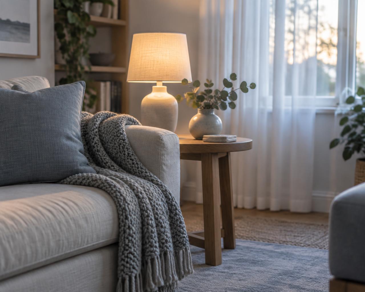 Warm lamp light and a soft throw in the counselling room at The Boss Shift Counselling, Hope Island