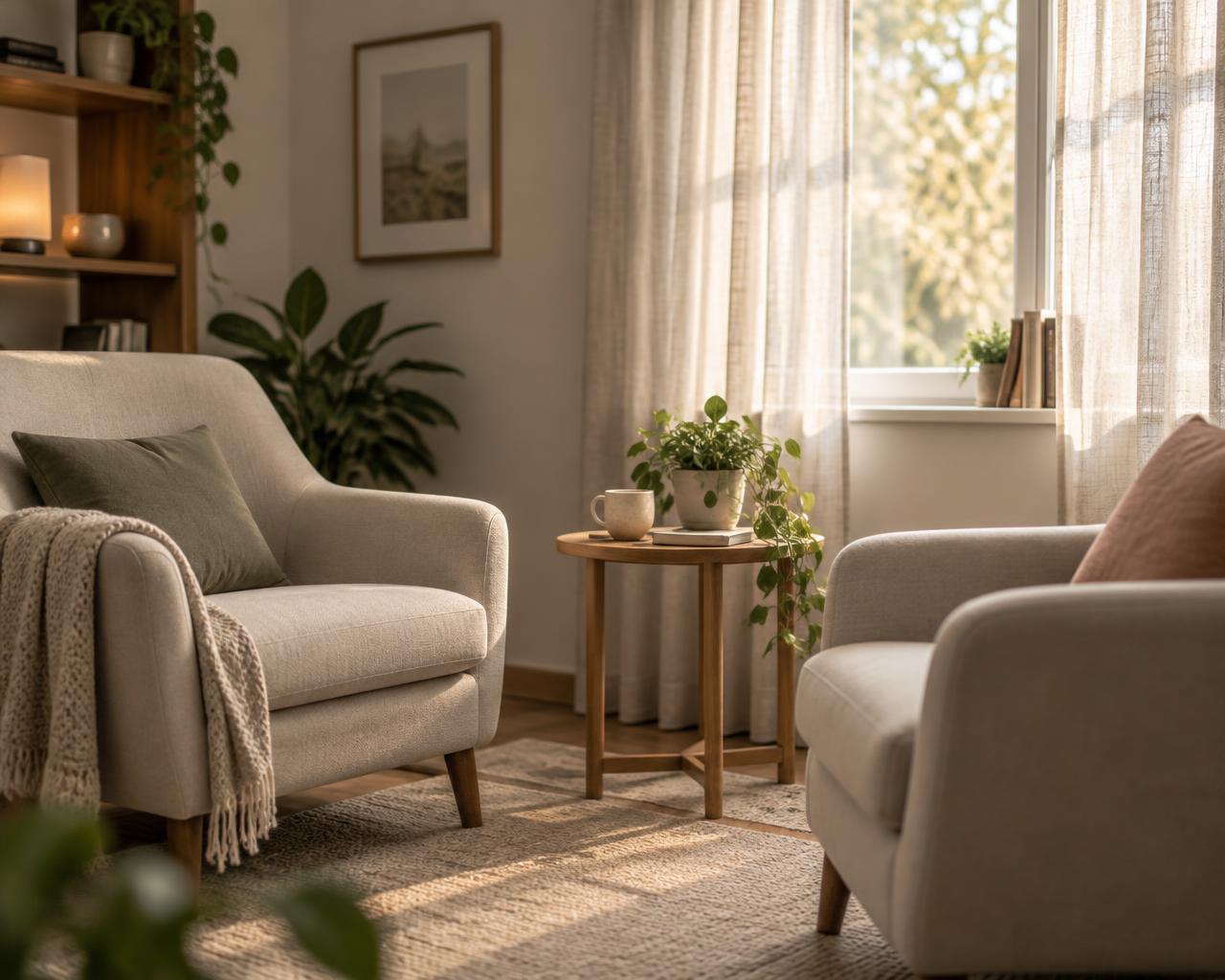 Two soft armchairs beside a curtained window in a calm counselling room
