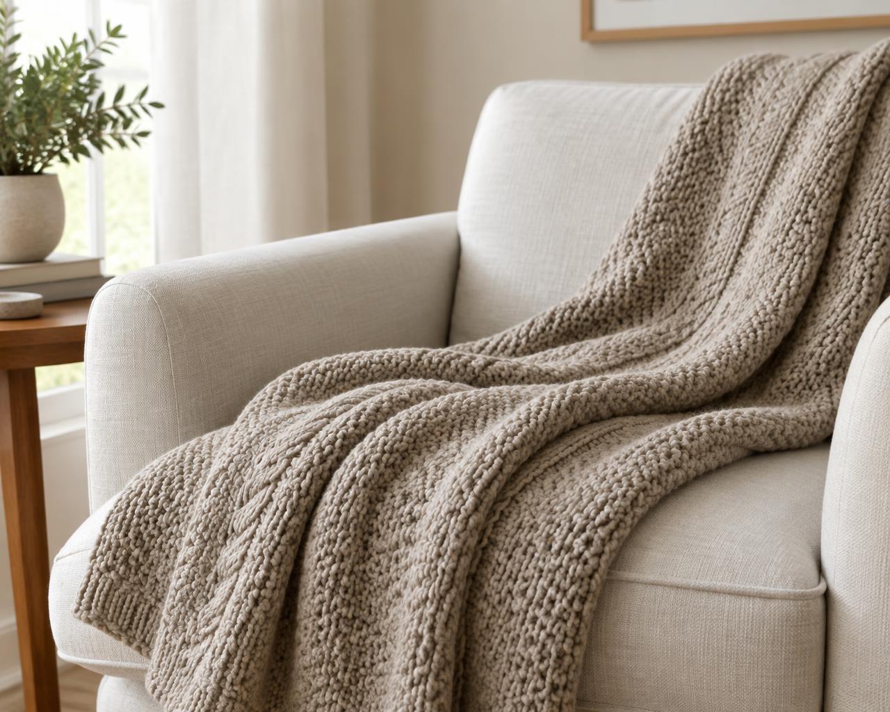 Knitted blanket draped across a pale armchair in natural light