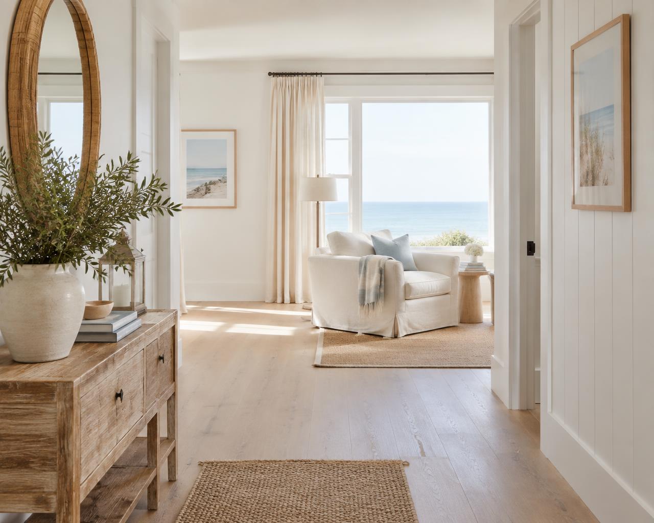 Bright coastal-style room with pale timber floors and a soft armchair by the window