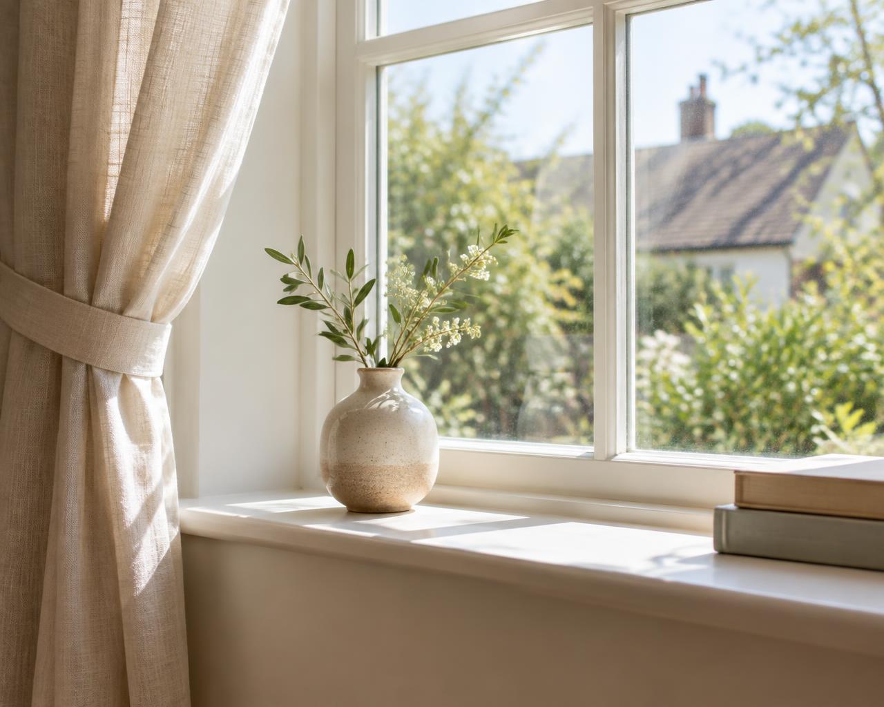 Bright window sill with a linen curtain drawn back and a small ceramic vase