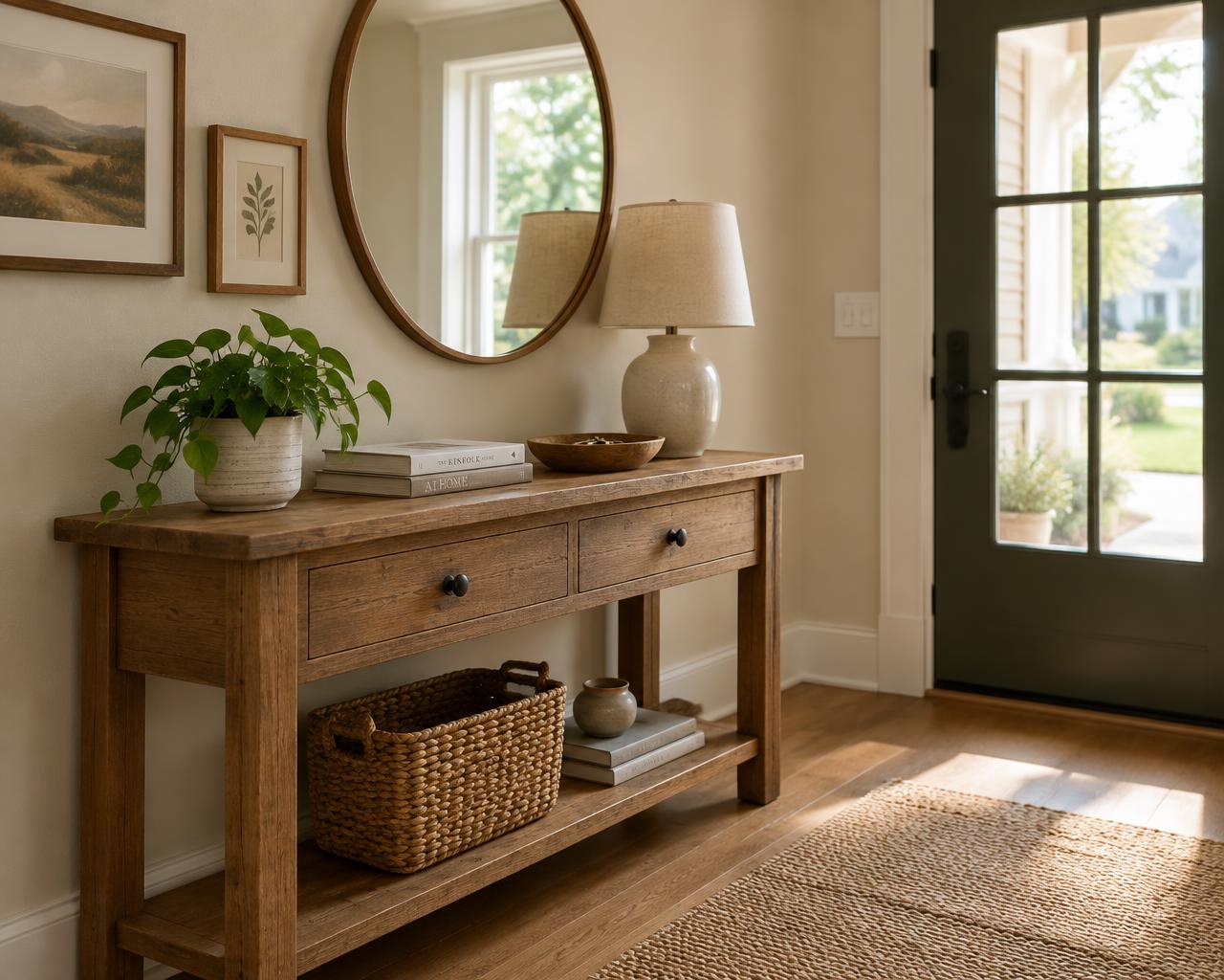 Welcoming entry with a timber console, potted plant and daylight from the front door