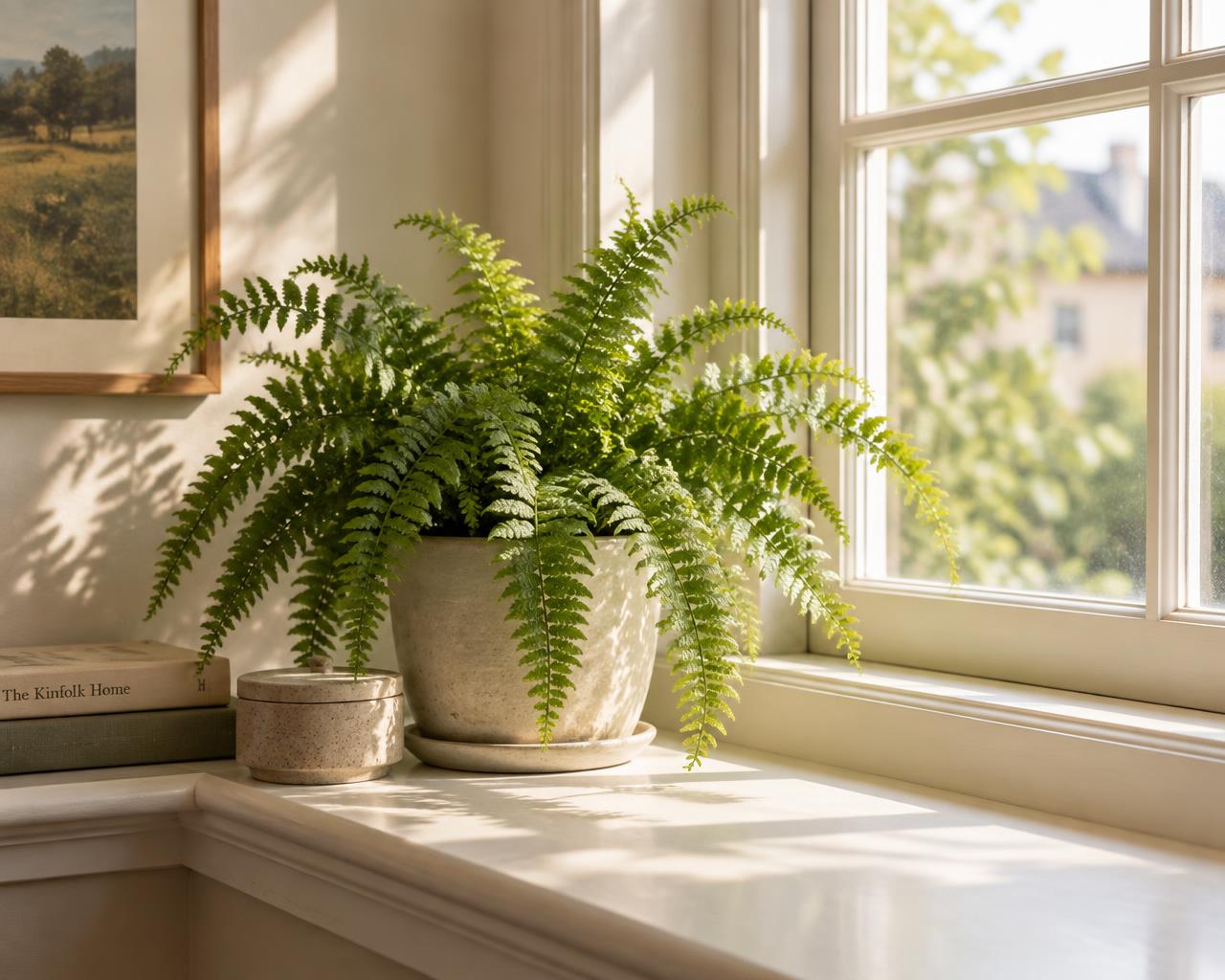 Potted fern on a windowsill in soft morning light