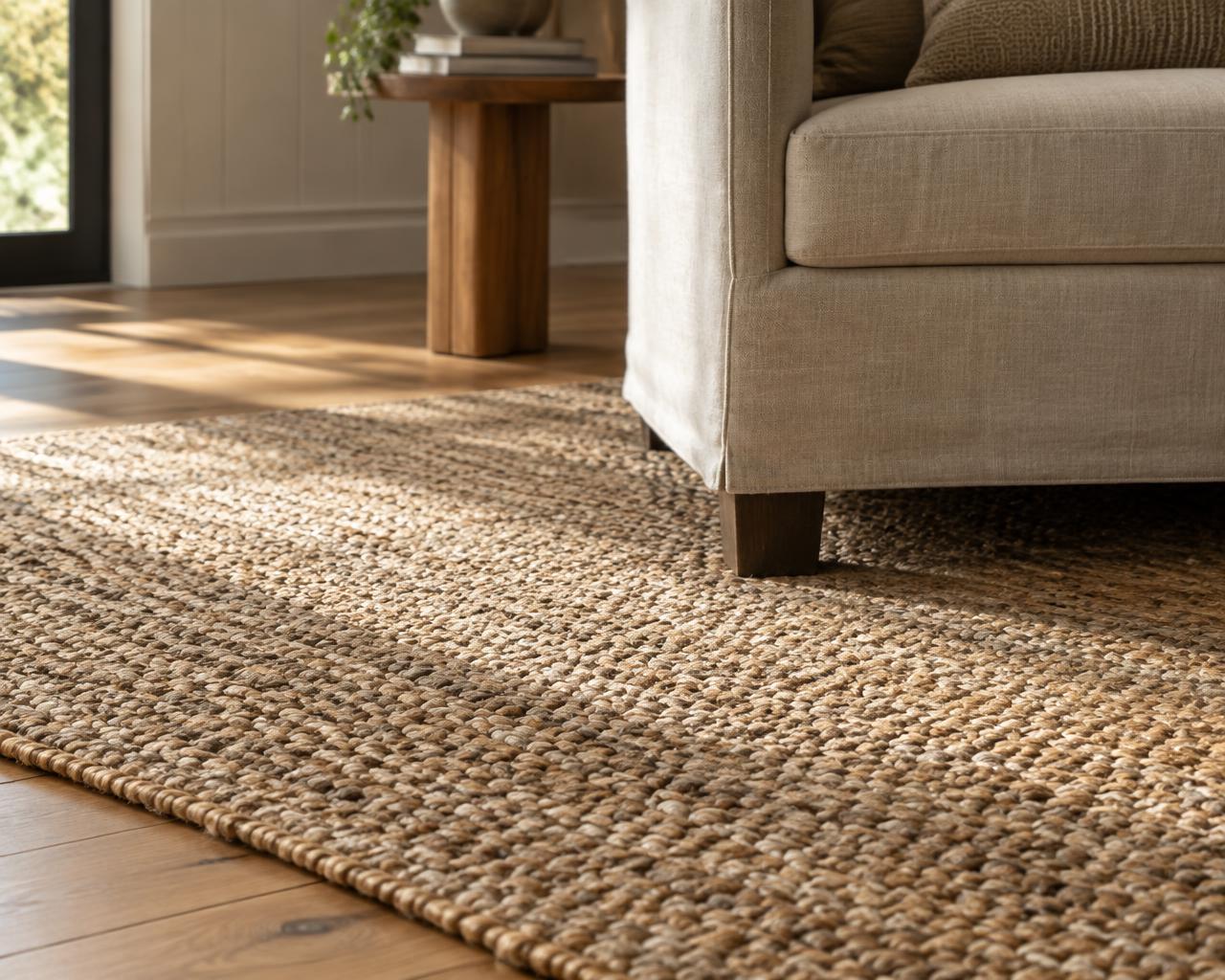 Woven jute rug across a timber floor beside a linen sofa
