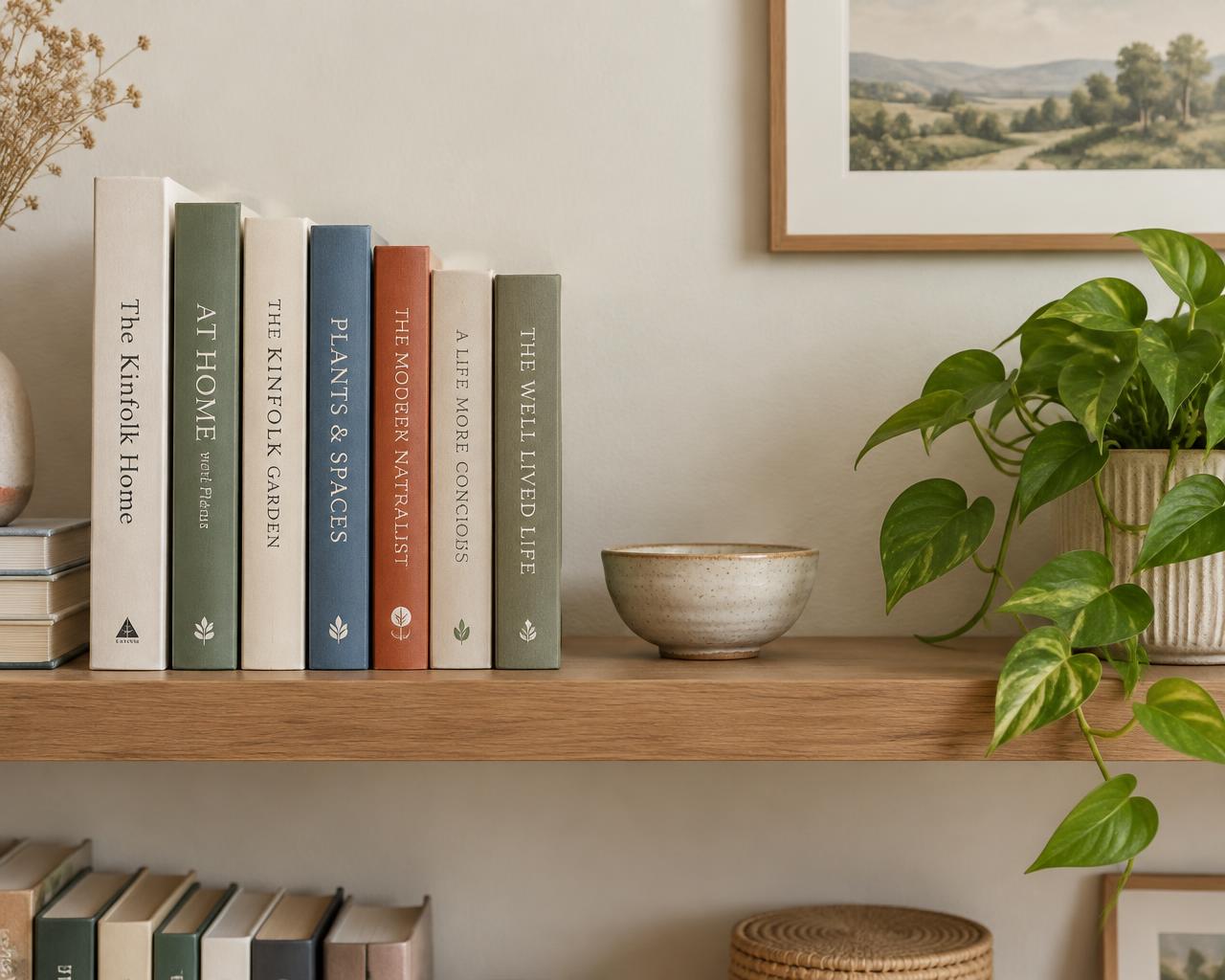 Shelf of books with a ceramic bowl and green plant against a pale wall