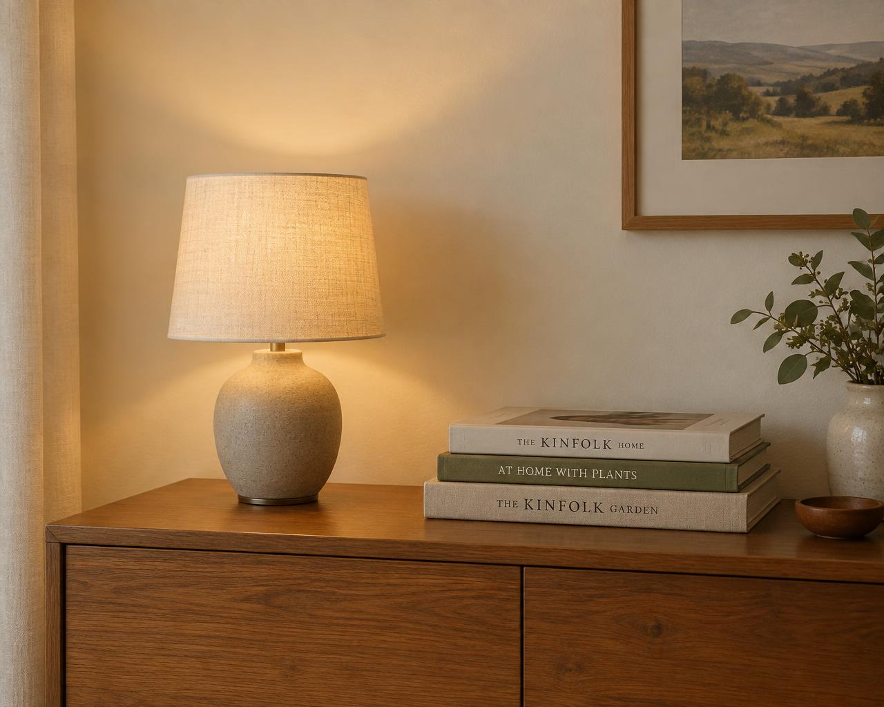Linen table lamp glowing beside stacked books on a timber sideboard