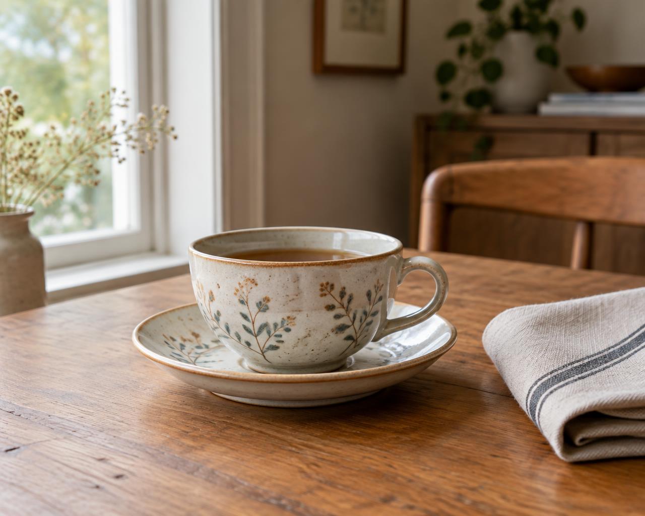 Ceramic cup and saucer on a timber table in soft window light