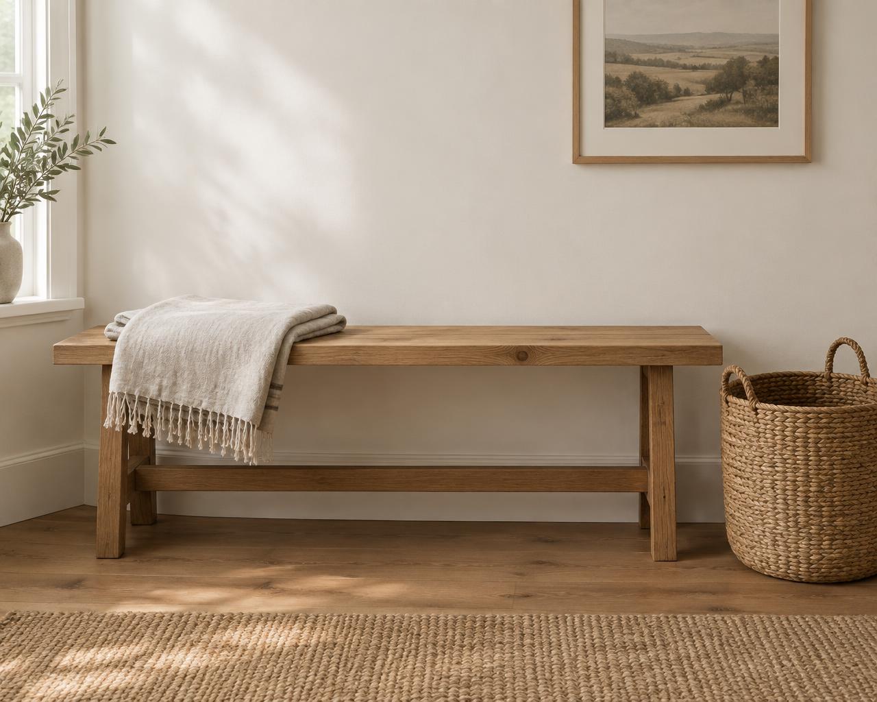 Timber bench with a folded throw and woven basket against a pale wall