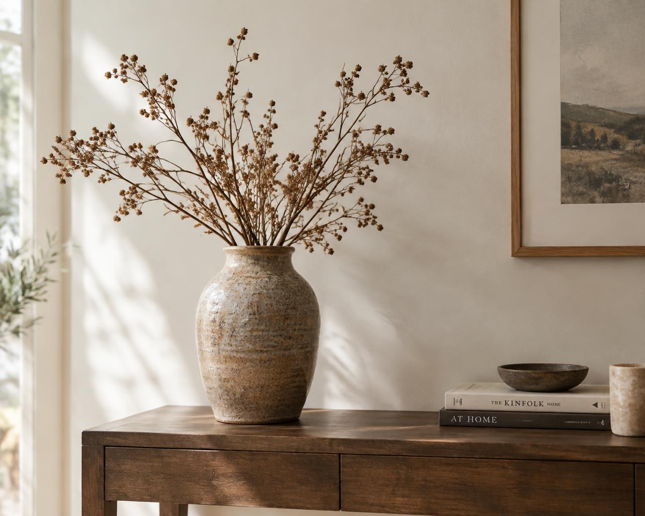 Stoneware vase of dried branches on a console table in directional daylight
