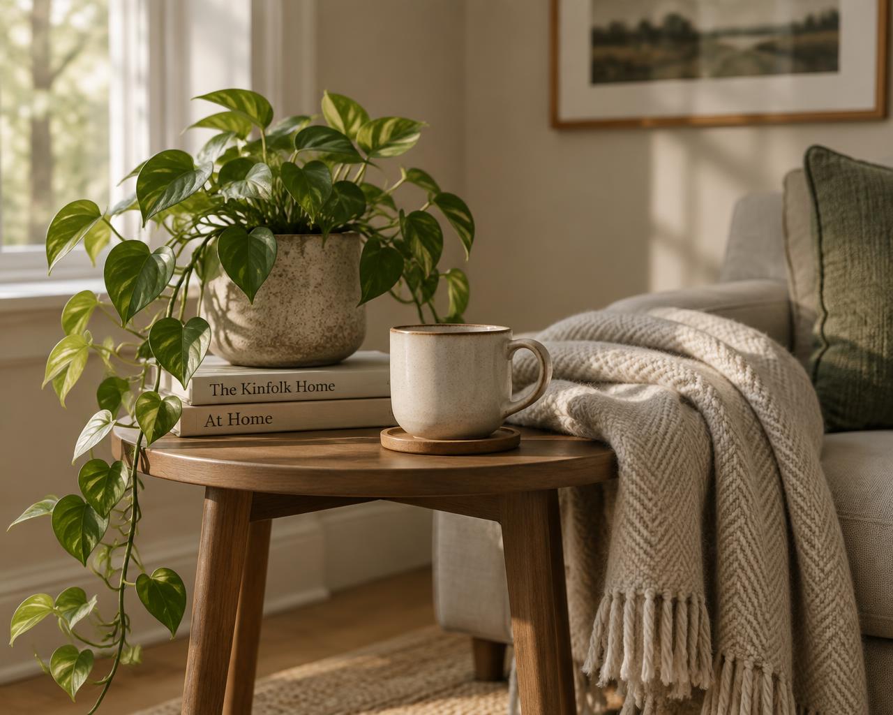 A side table with a ceramic mug, books and a trailing green plant in warm daylight