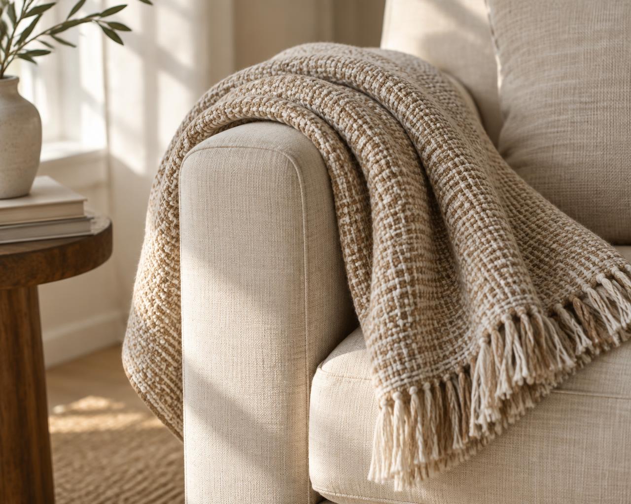 A woven throw folded over the arm of a pale chair in soft window light