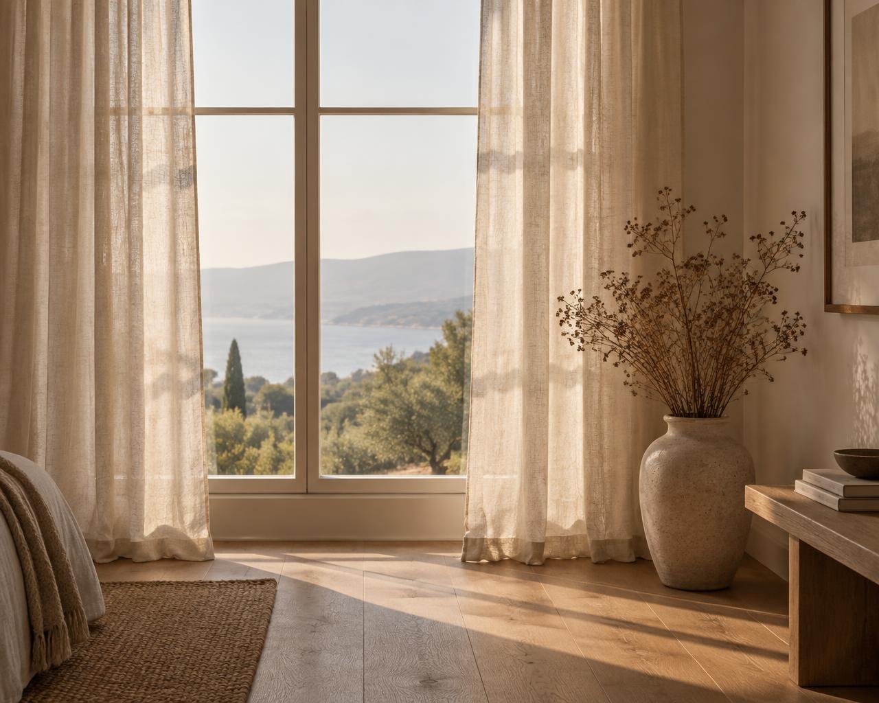 Daylight through sheer curtains onto a timber floor beside a vase of dried branches